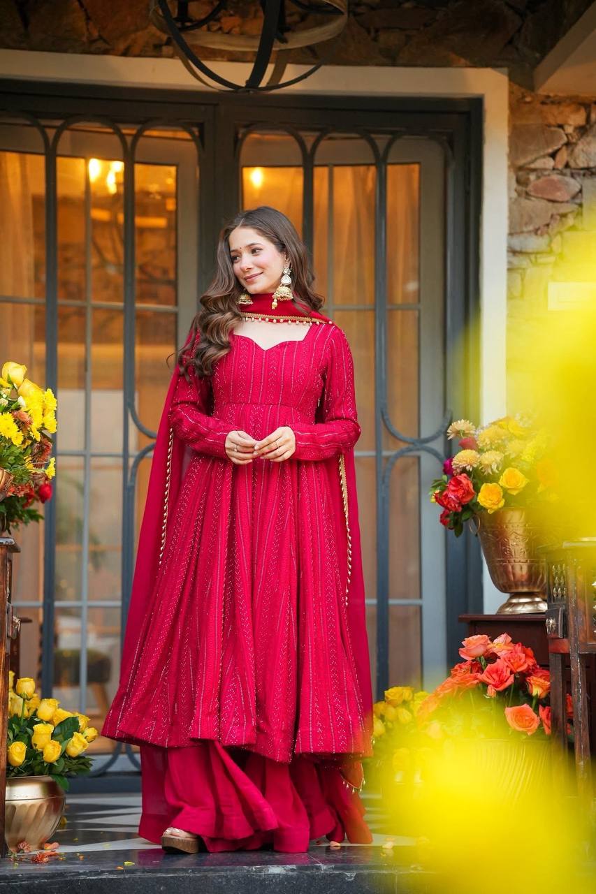 Red Anarkali Gown for Women with Dupatta | Designer Party Wear & Festive Ethnic Dress