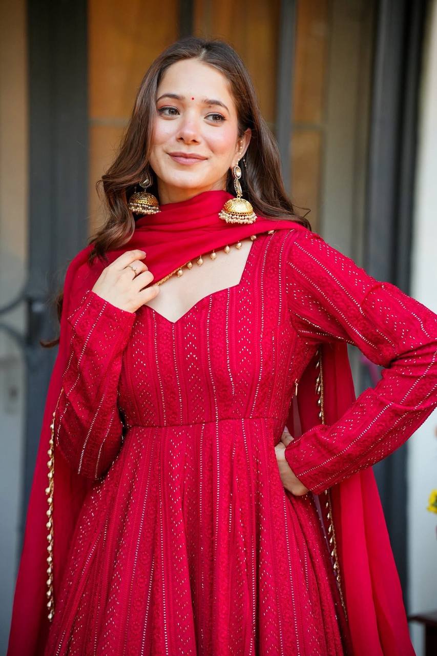 Red Anarkali Gown for Women with Dupatta | Designer Party Wear & Festive Ethnic Dress