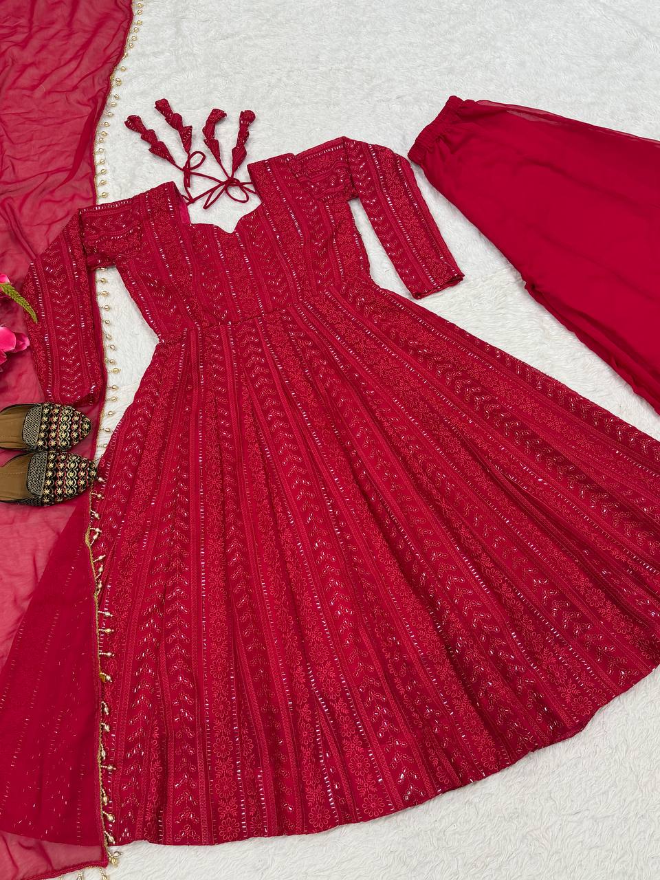 Red Anarkali Gown for Women with Dupatta | Designer Party Wear & Festive Ethnic Dress