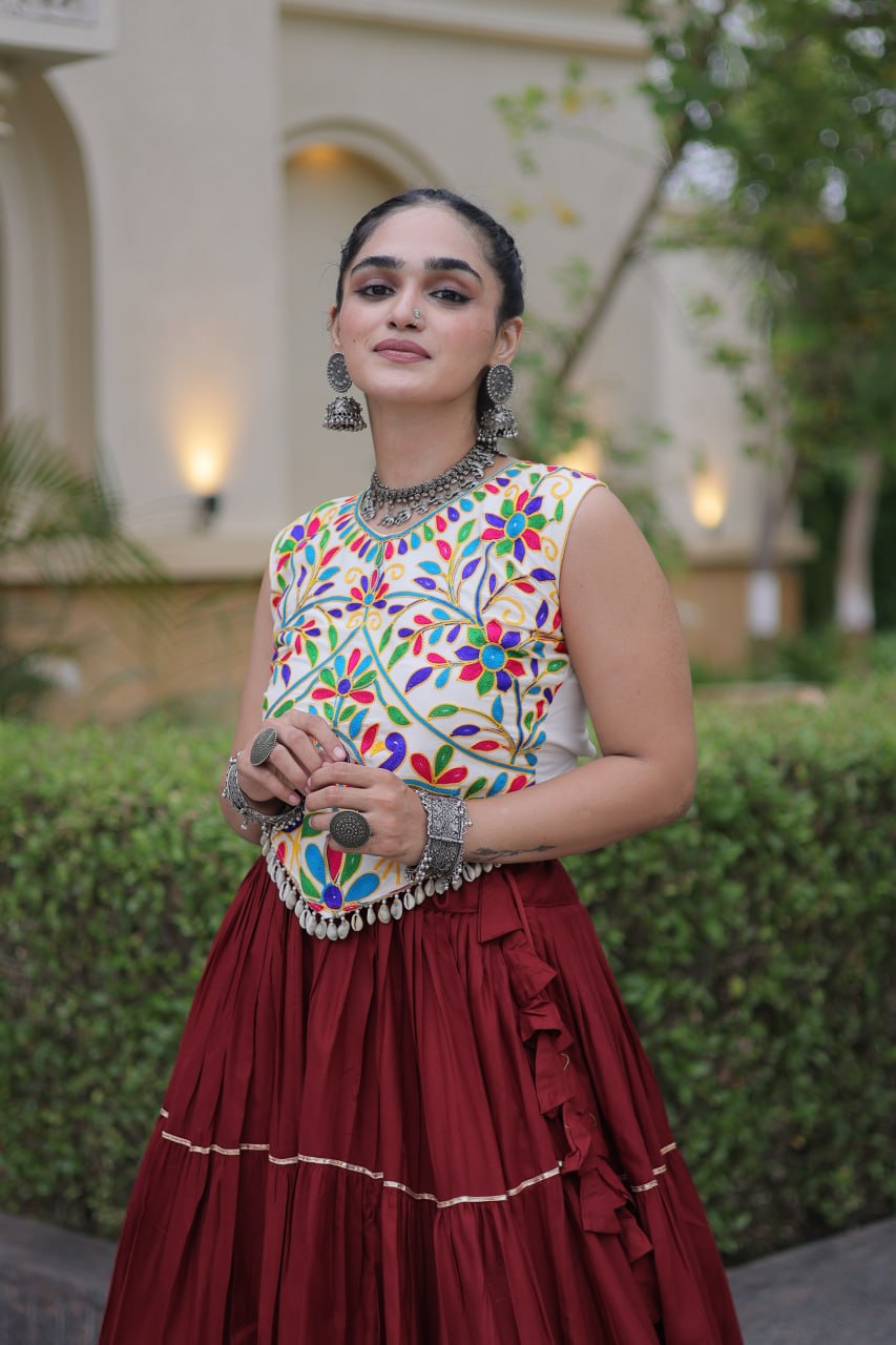 Women’s Designer Navratri Lehenga Choli | Embroidered Kutchi Work Flared Ghagra Set