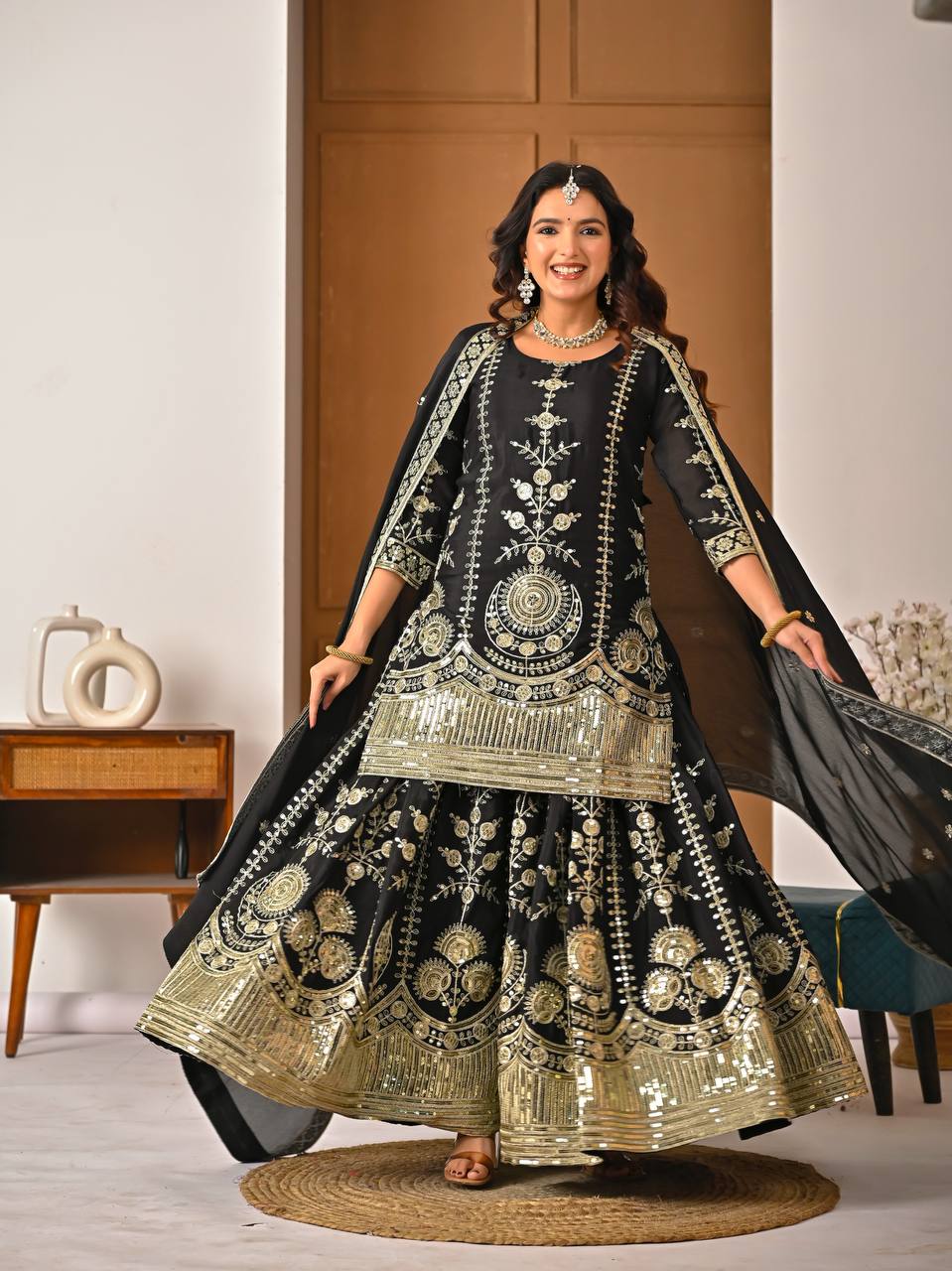 Black Embroidered Sharara Suit Set for Women with Dupatta | Designer Festive & Wedding Wear Ethnic Outfit