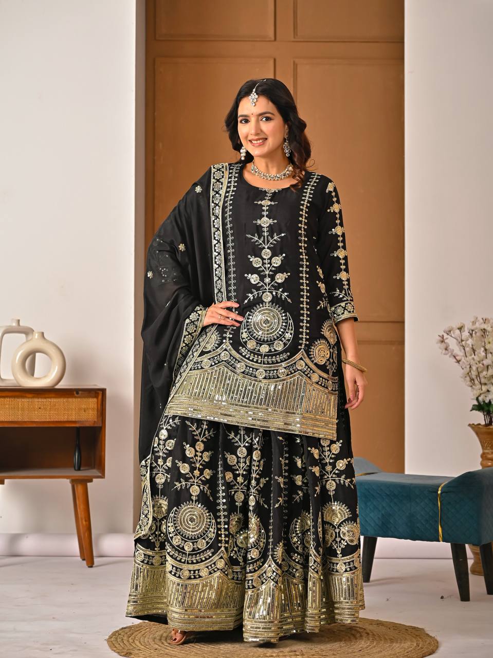 Black Embroidered Sharara Suit Set for Women with Dupatta | Designer Festive & Wedding Wear Ethnic Outfit