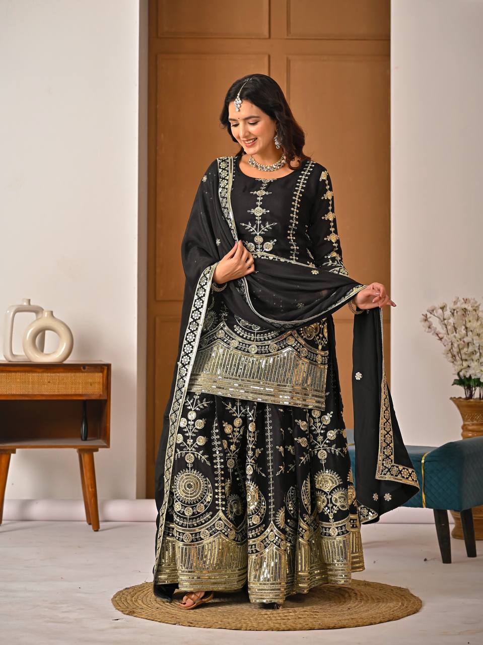 Black Embroidered Sharara Suit Set for Women with Dupatta | Designer Festive & Wedding Wear Ethnic Outfit