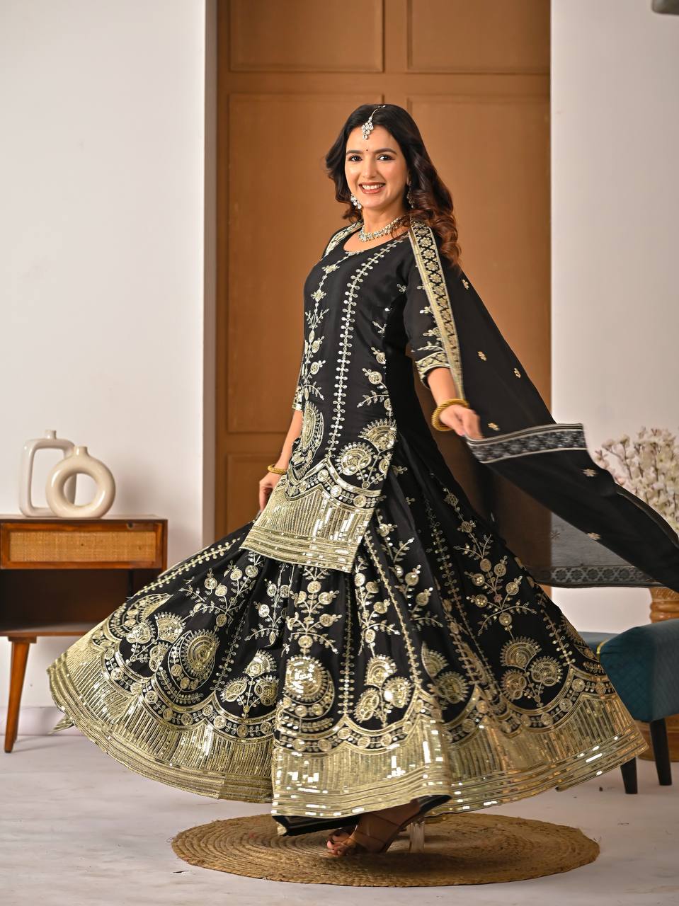 Black Embroidered Sharara Suit Set for Women with Dupatta | Designer Festive & Wedding Wear Ethnic Outfit