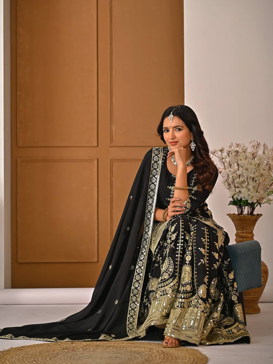 Black Embroidered Sharara Suit Set for Women with Dupatta | Designer Festive & Wedding Wear Ethnic Outfit