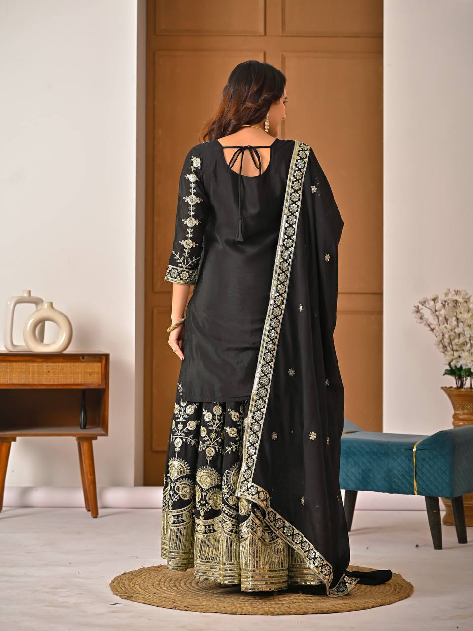 Black Embroidered Sharara Suit Set for Women with Dupatta | Designer Festive & Wedding Wear Ethnic Outfit