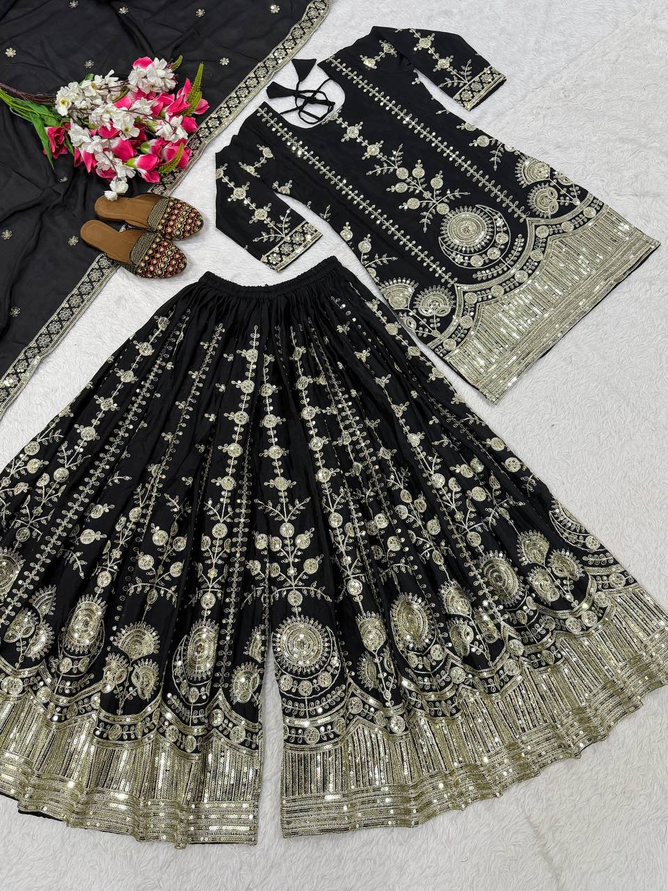Black Embroidered Sharara Suit Set for Women with Dupatta | Designer Festive & Wedding Wear Ethnic Outfit