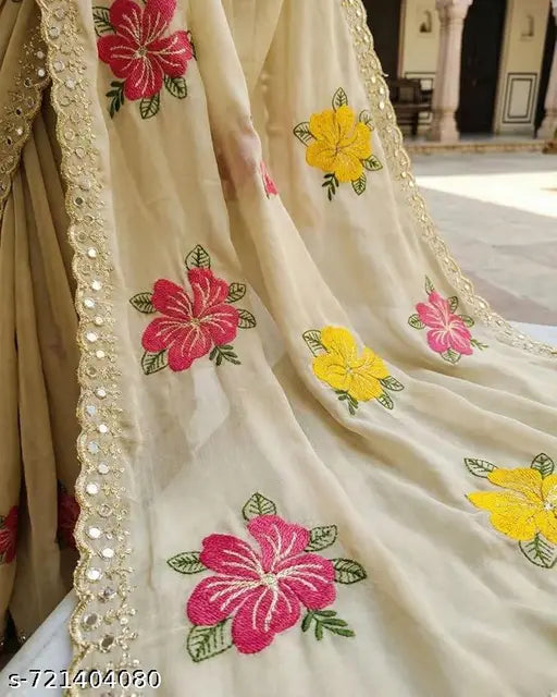 Graceful Cream Saree with Floral Work & Designer Yellow Blouse