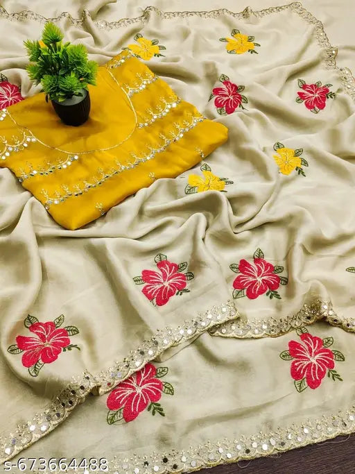 Graceful Cream Saree with Floral Work & Designer Yellow Blouse