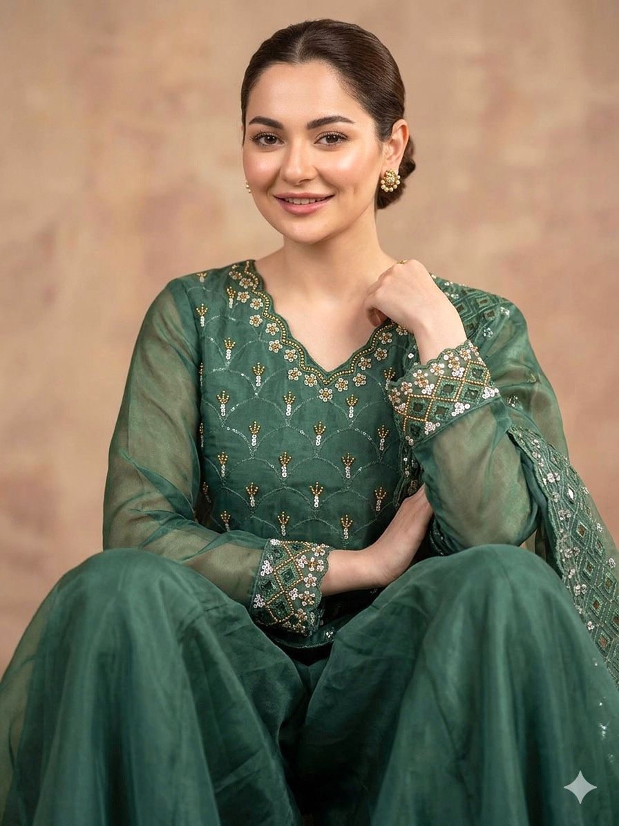 Elegant Green Embroidered Sharara Suit with Organza Dupatta for Festive & Wedding Wear