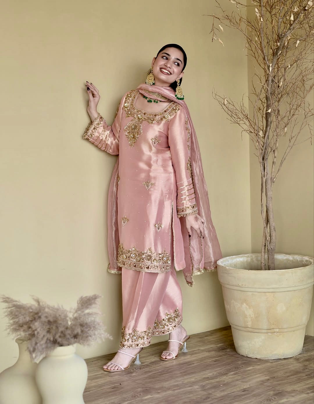 Luxury Peach Kurta Palazzo Set with Intricate Embroidery