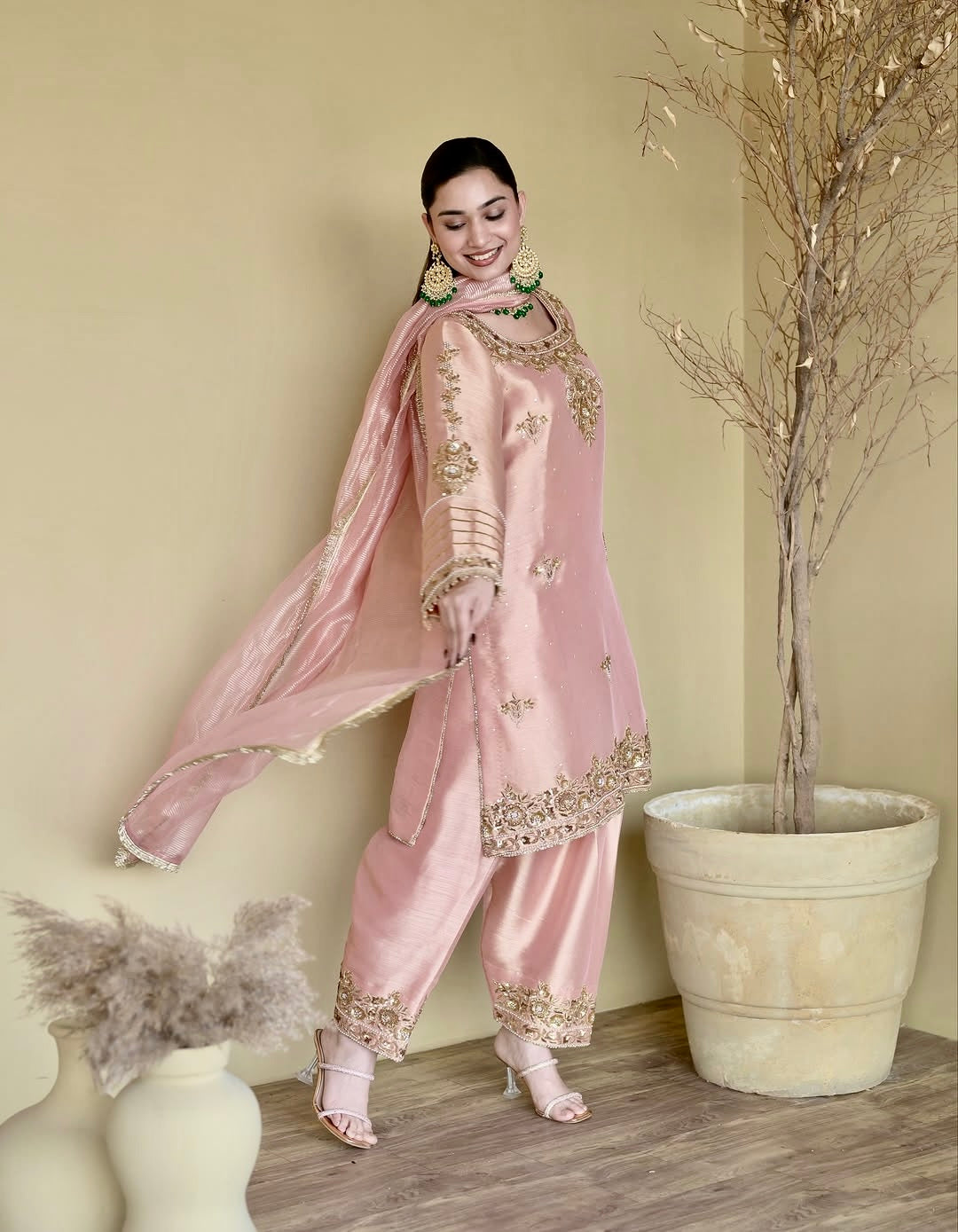 Luxury Peach Kurta Palazzo Set with Intricate Embroidery