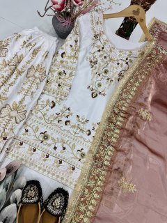 Luxury Ivory Embroidered Kurta Palazzo Set with Designer Dupatta