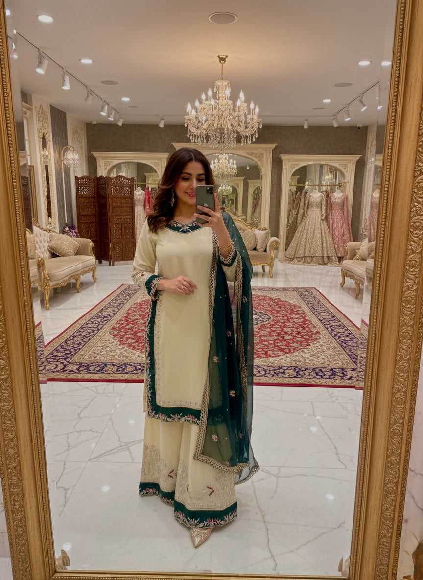 Elegant Cream & Green Embroidered Kurta Palazzo Set with Dupatta