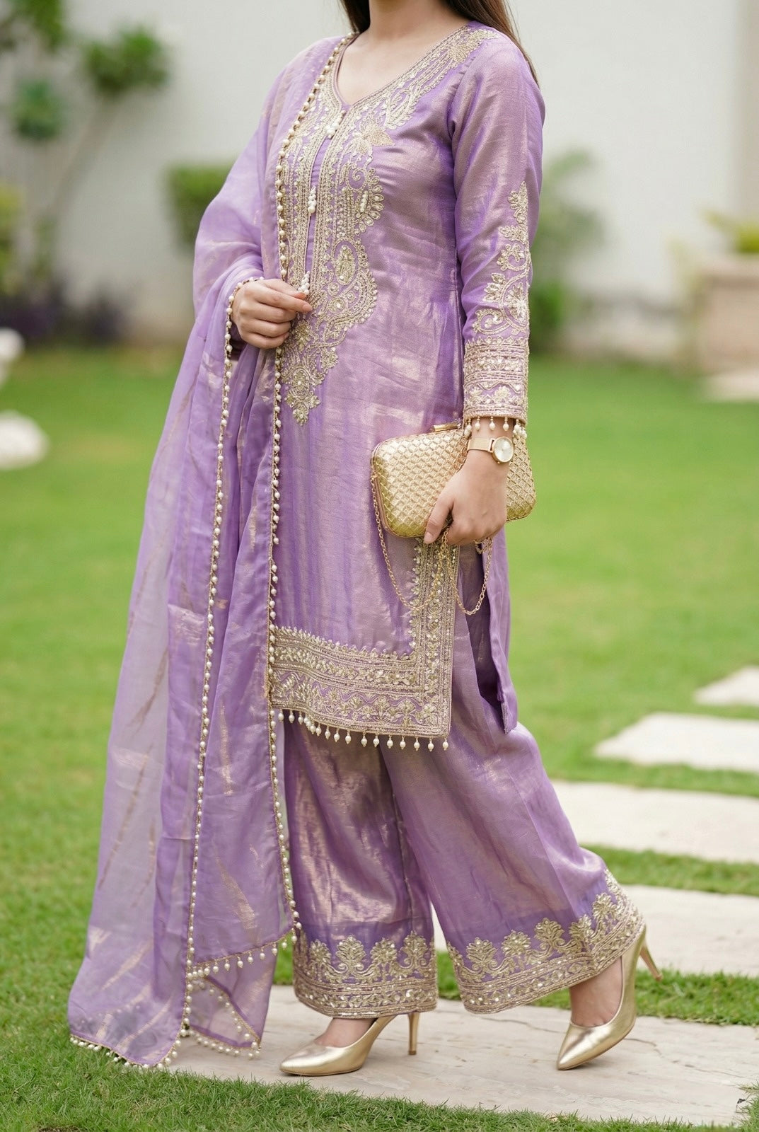 Elegant Lavender Embroidered Kurta Palazzo Set with Dupatta