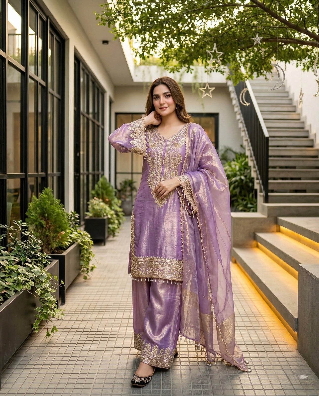 Elegant Lavender Embroidered Kurta Palazzo Set with Dupatta