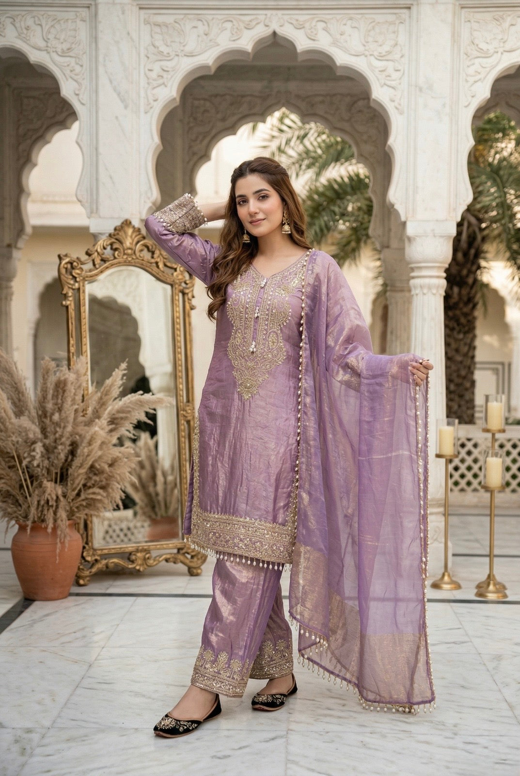 Elegant Lavender Embroidered Kurta Palazzo Set with Dupatta