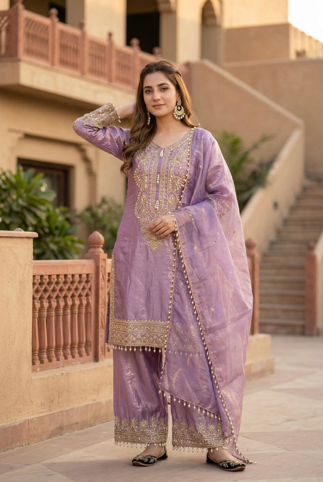Elegant Lavender Embroidered Kurta Palazzo Set with Dupatta