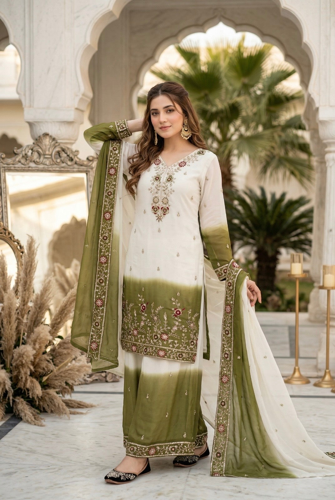 Elegant Ombre Embroidered Kurta Palazzo Set with Dupatta