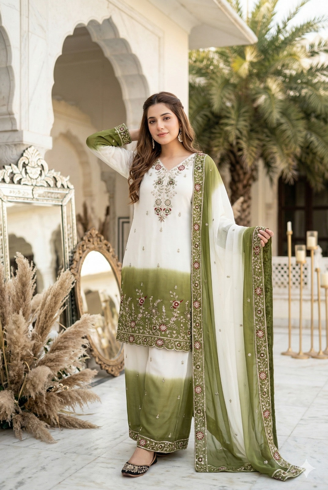 Elegant Ombre Embroidered Kurta Palazzo Set with Dupatta