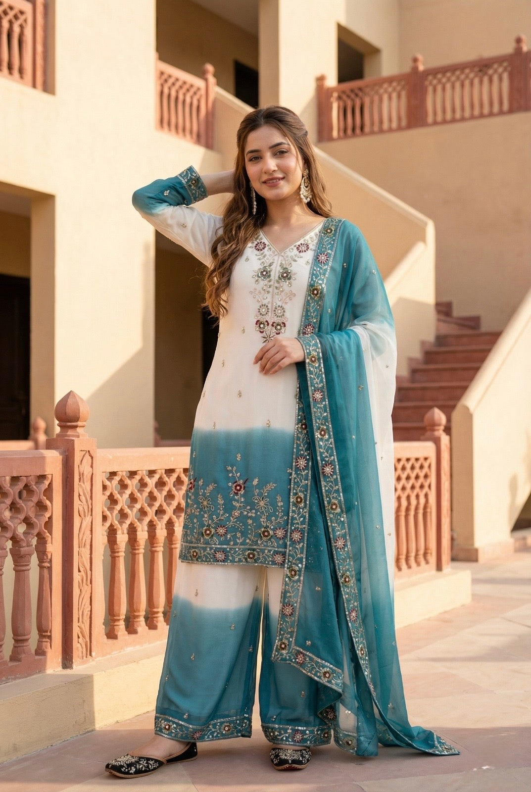 Elegant Ombre Embroidered Kurta Palazzo Set with Dupatta