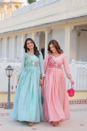 Women’s Designer Anarkali Gown | Heavy Embroidered Party Wear Long Dress (Pink & Blue)