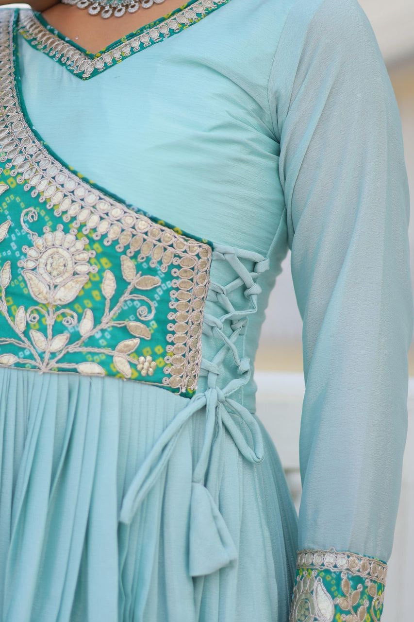 Women’s Designer Anarkali Gown | Heavy Embroidered Party Wear Long Dress (Pink & Blue)
