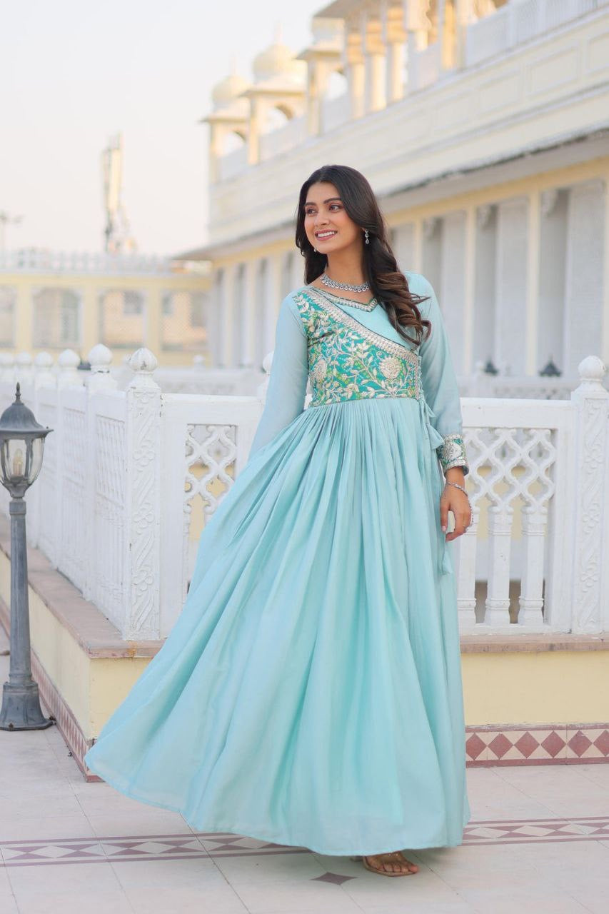 Women’s Designer Anarkali Gown | Heavy Embroidered Party Wear Long Dress (Pink & Blue)