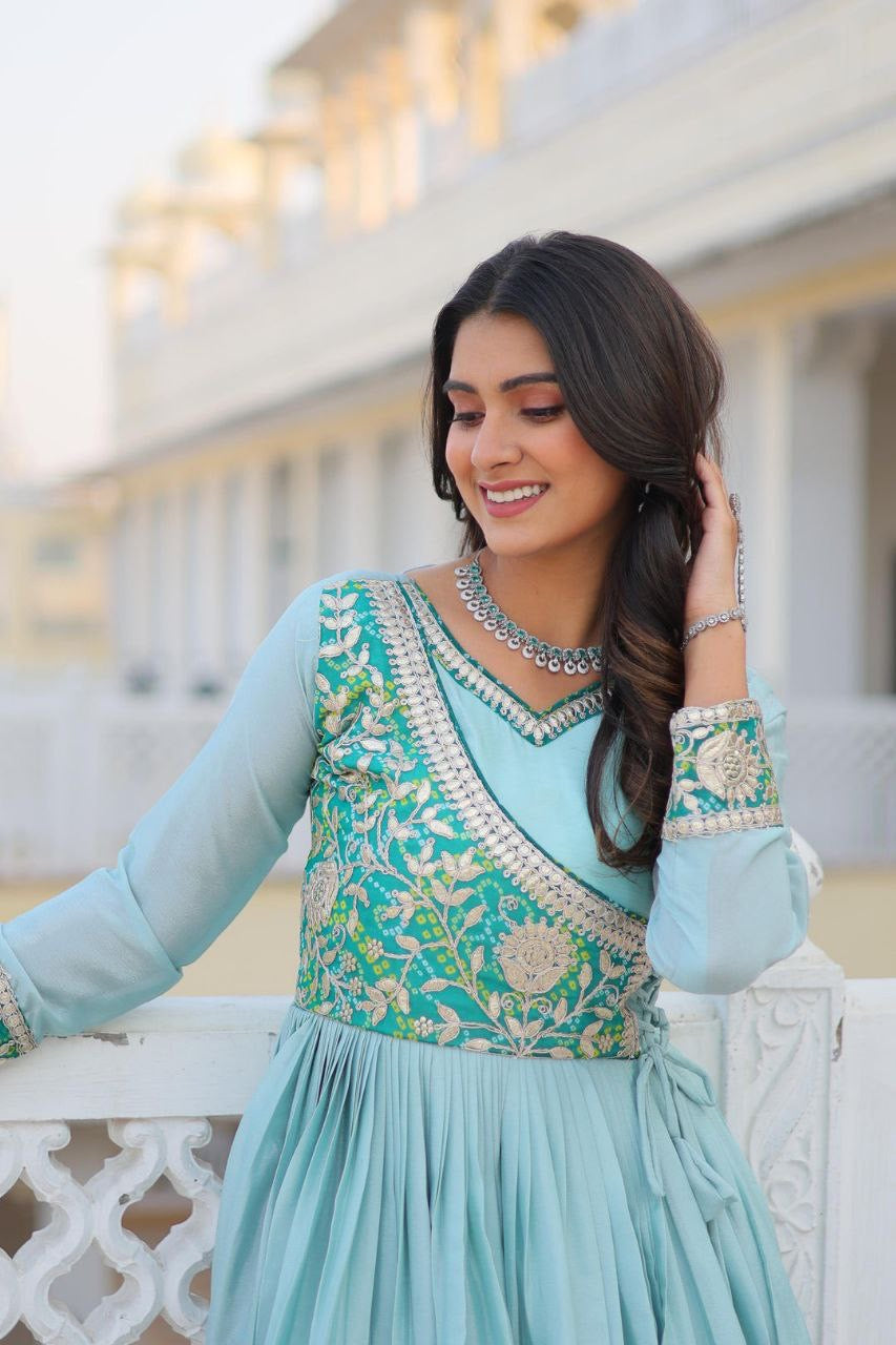 Women’s Designer Anarkali Gown | Heavy Embroidered Party Wear Long Dress (Pink & Blue)
