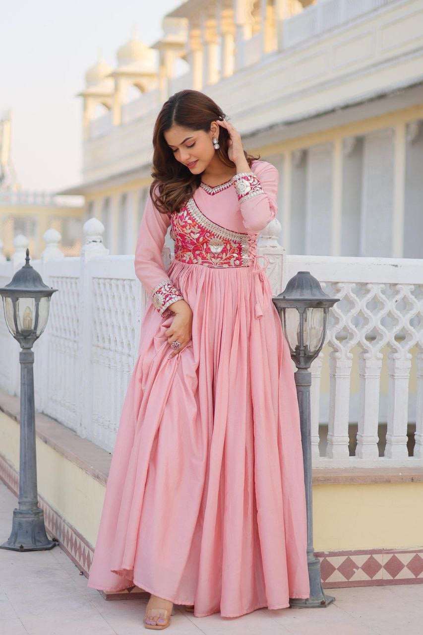 Women’s Designer Anarkali Gown | Heavy Embroidered Party Wear Long Dress (Pink & Blue)