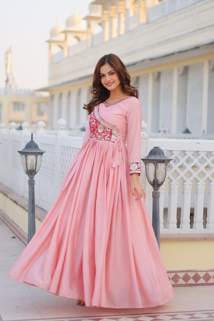 Women’s Designer Anarkali Gown | Heavy Embroidered Party Wear Long Dress (Pink & Blue)