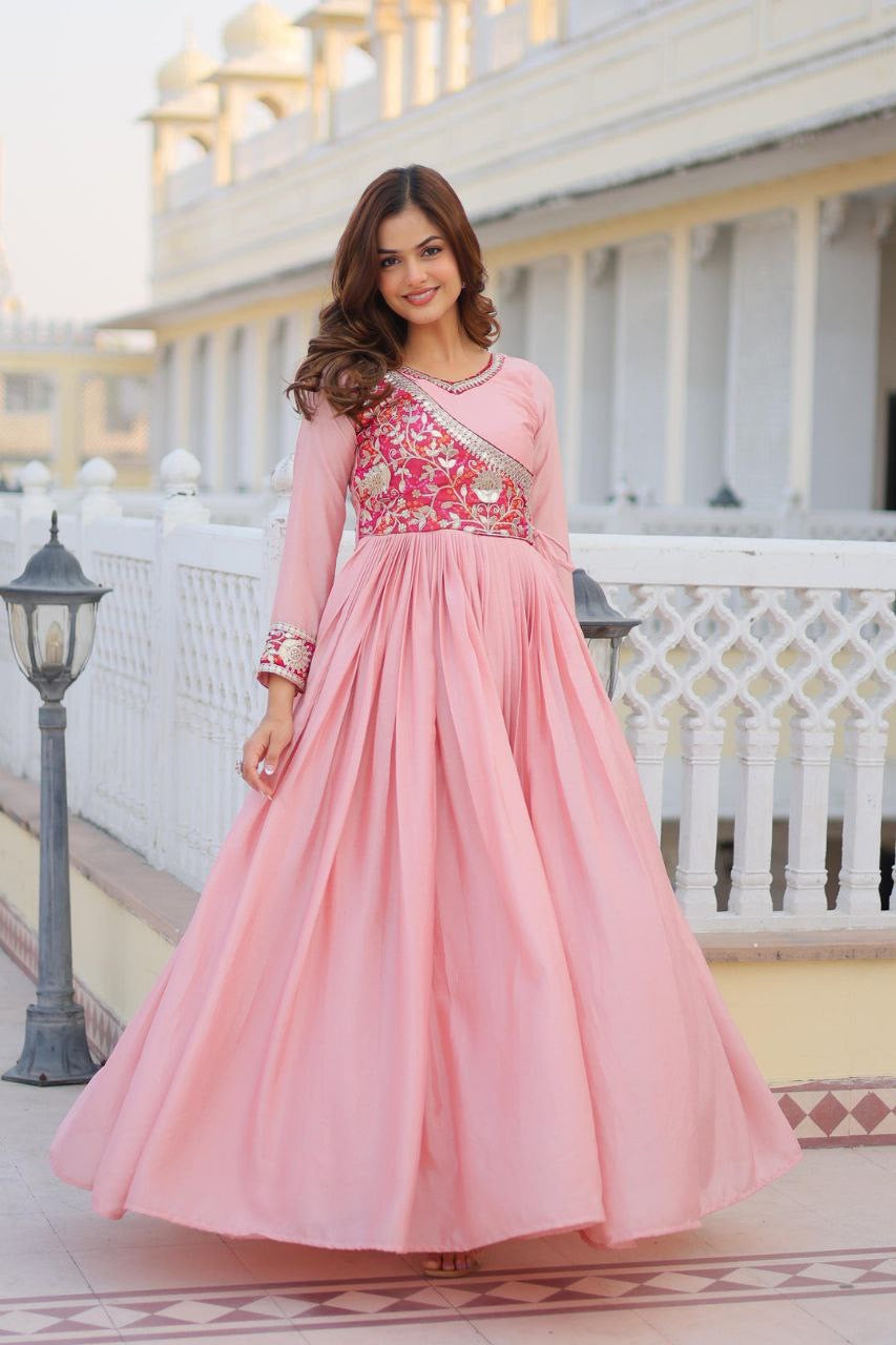 Women’s Designer Anarkali Gown | Heavy Embroidered Party Wear Long Dress (Pink & Blue)