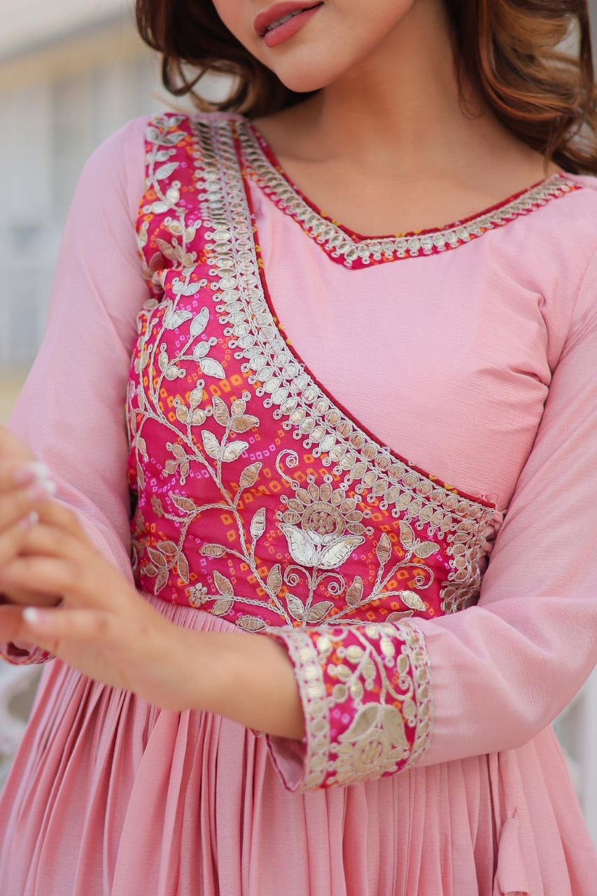Women’s Designer Anarkali Gown | Heavy Embroidered Party Wear Long Dress (Pink & Blue)