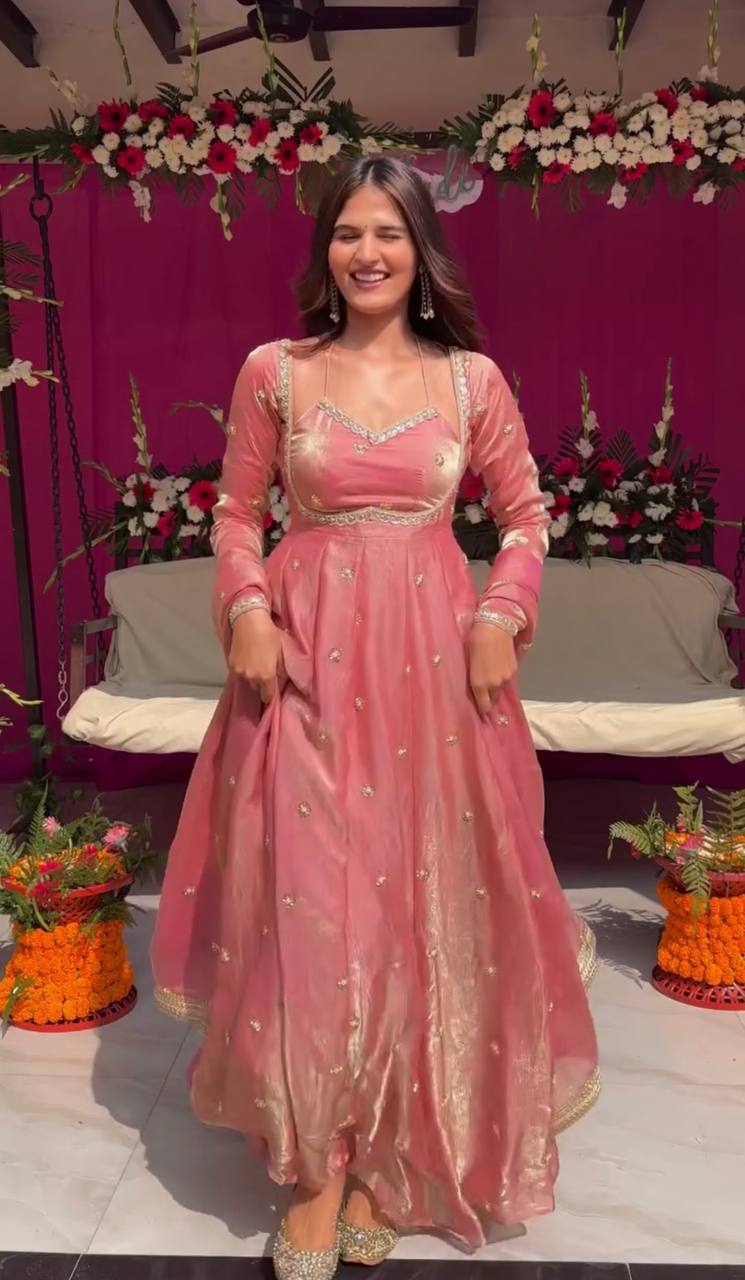 Designer Pink Organza Anarkali Gown with Dupatta | Heavy Embellished Party Wear Ethnic Wear for Women