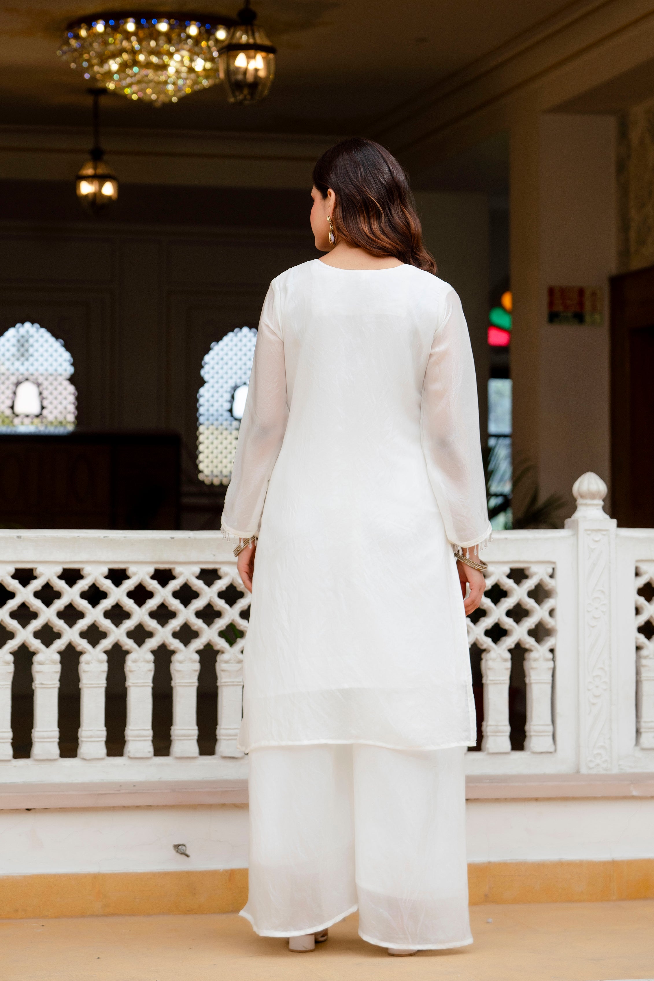 Elegant Off White Embroidered Kurti Plazzo Set with Dupatta | Designer Ethnic Wear for Women