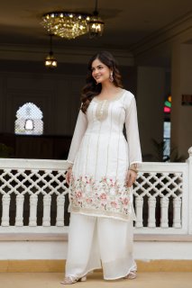 Elegant Off White Embroidered Kurti Plazzo Set with Dupatta | Designer Ethnic Wear for Women