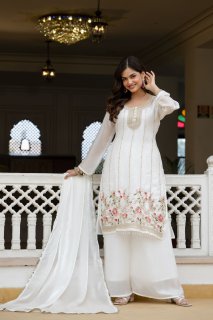 Elegant Off White Embroidered Kurti Plazzo Set with Dupatta | Designer Ethnic Wear for Women