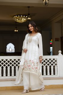 Elegant Off White Embroidered Kurti Plazzo Set with Dupatta | Designer Ethnic Wear for Women