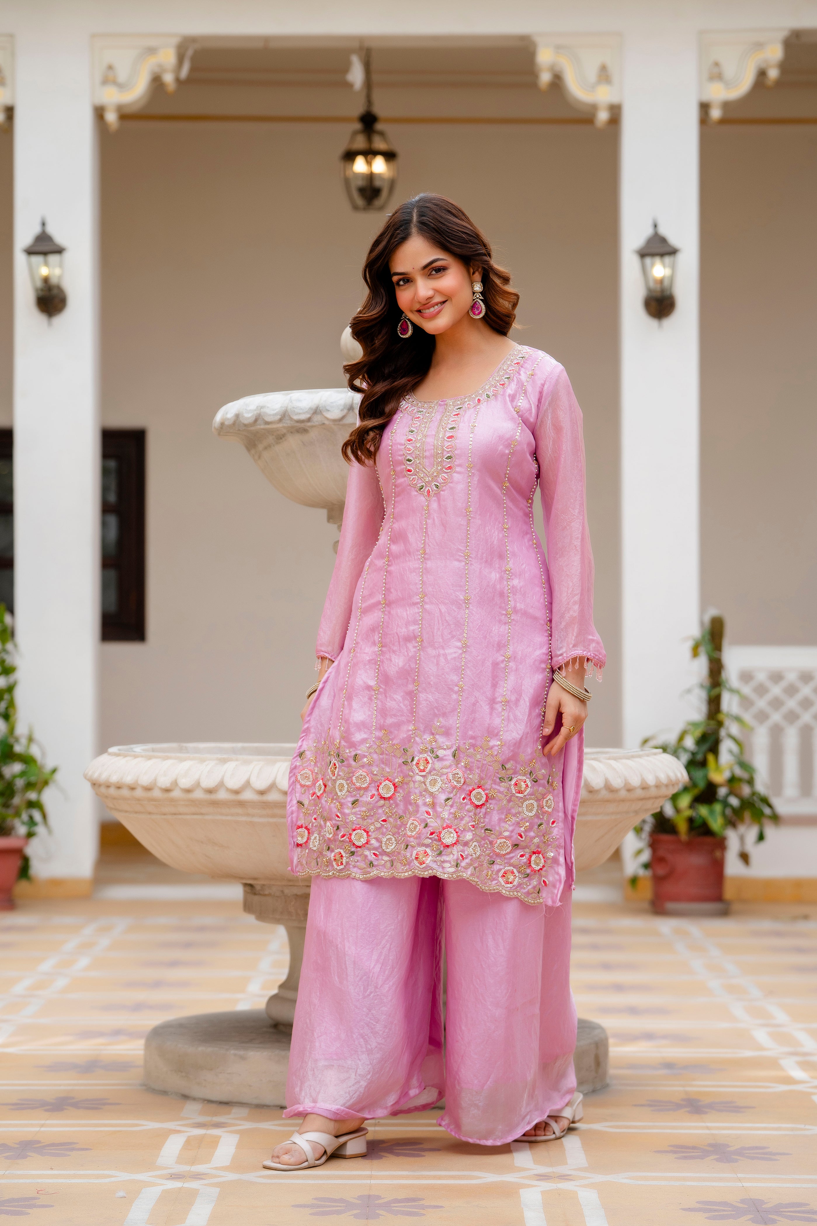 Elegant Pink Kurti Set with Plazzo & Dupatta | Heavy Embroidery Party Wear for Women