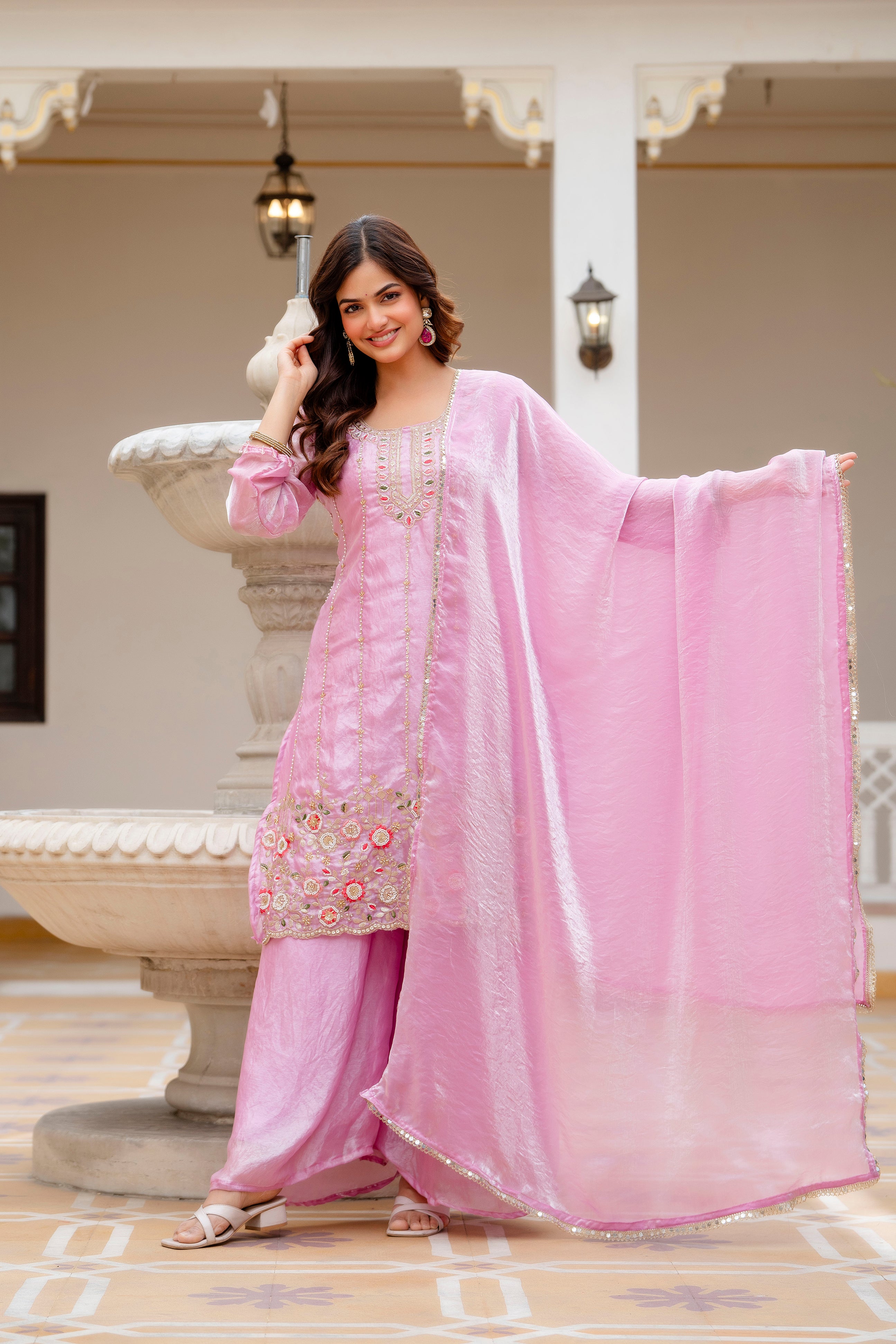 Elegant Pink Kurti Set with Plazzo & Dupatta | Heavy Embroidery Party Wear for Women