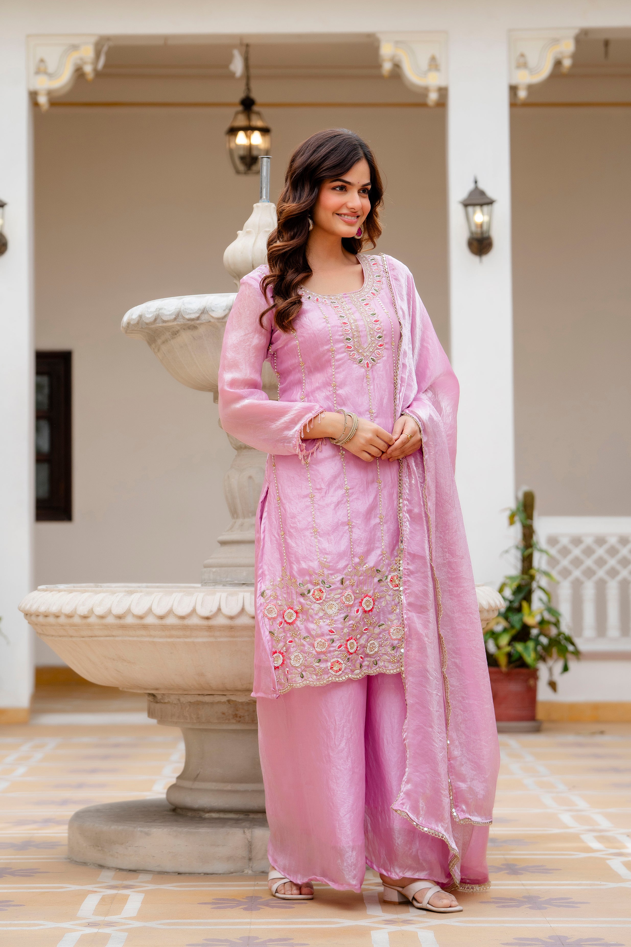 Elegant Pink Kurti Set with Plazzo & Dupatta | Heavy Embroidery Party Wear for Women