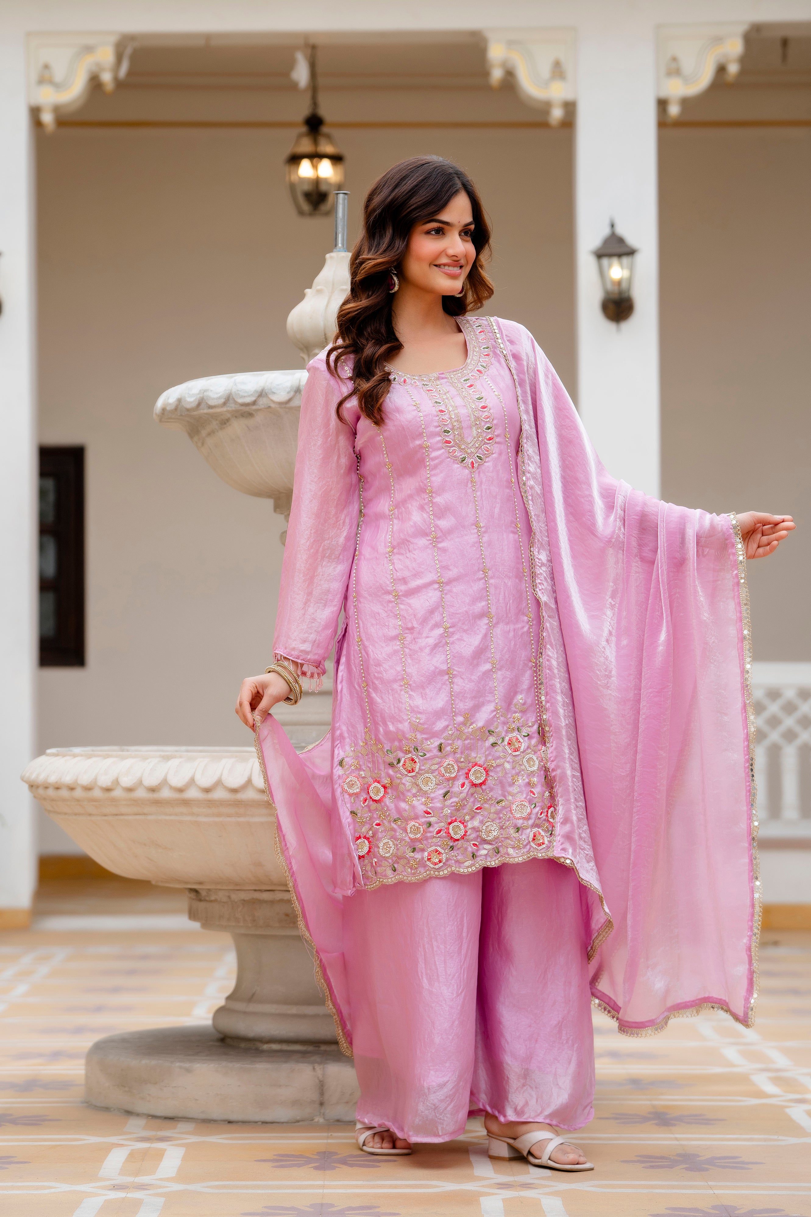 Elegant Pink Kurti Set with Plazzo & Dupatta | Heavy Embroidery Party Wear for Women