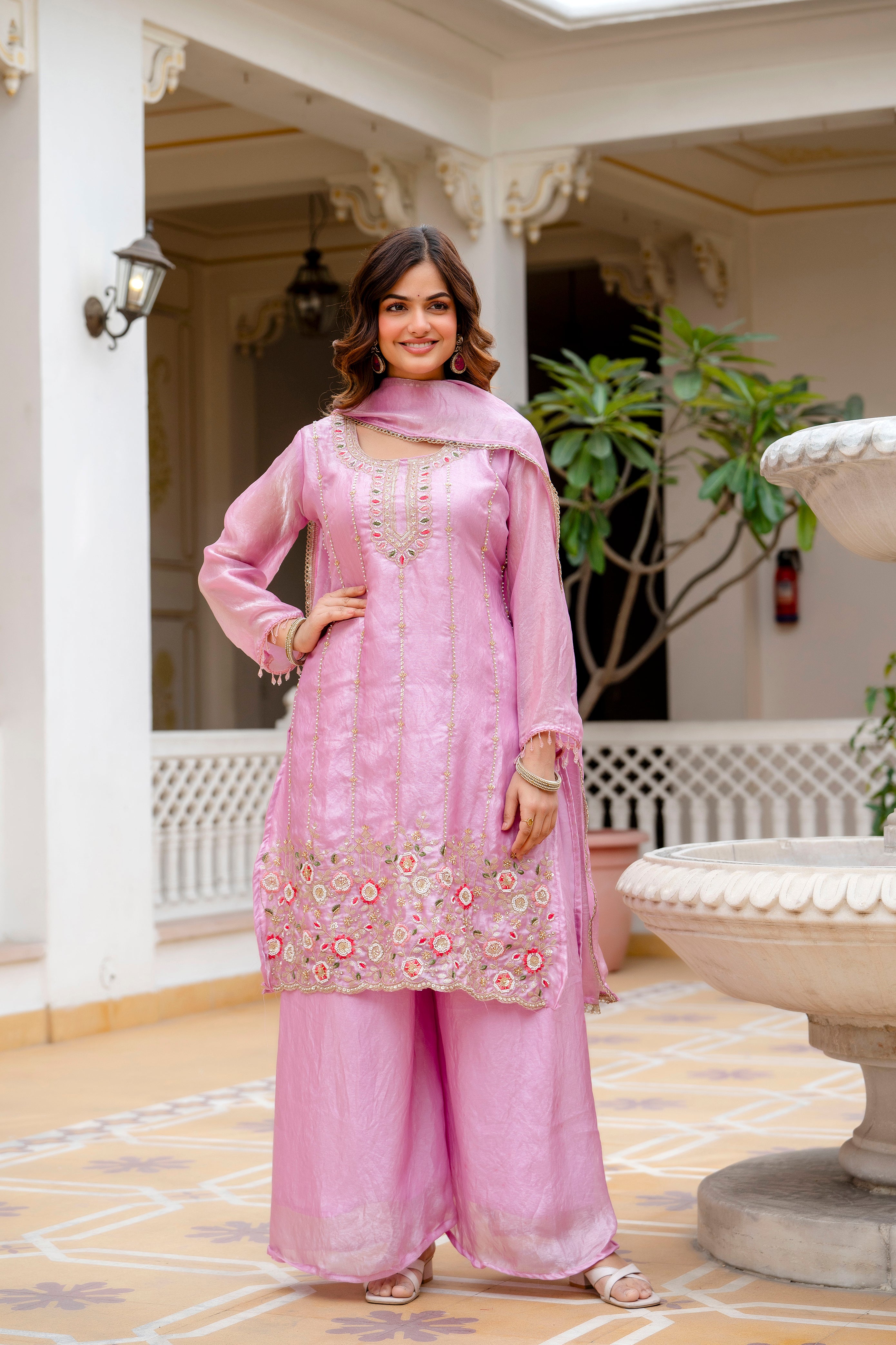 Elegant Pink Kurti Set with Plazzo & Dupatta | Heavy Embroidery Party Wear for Women