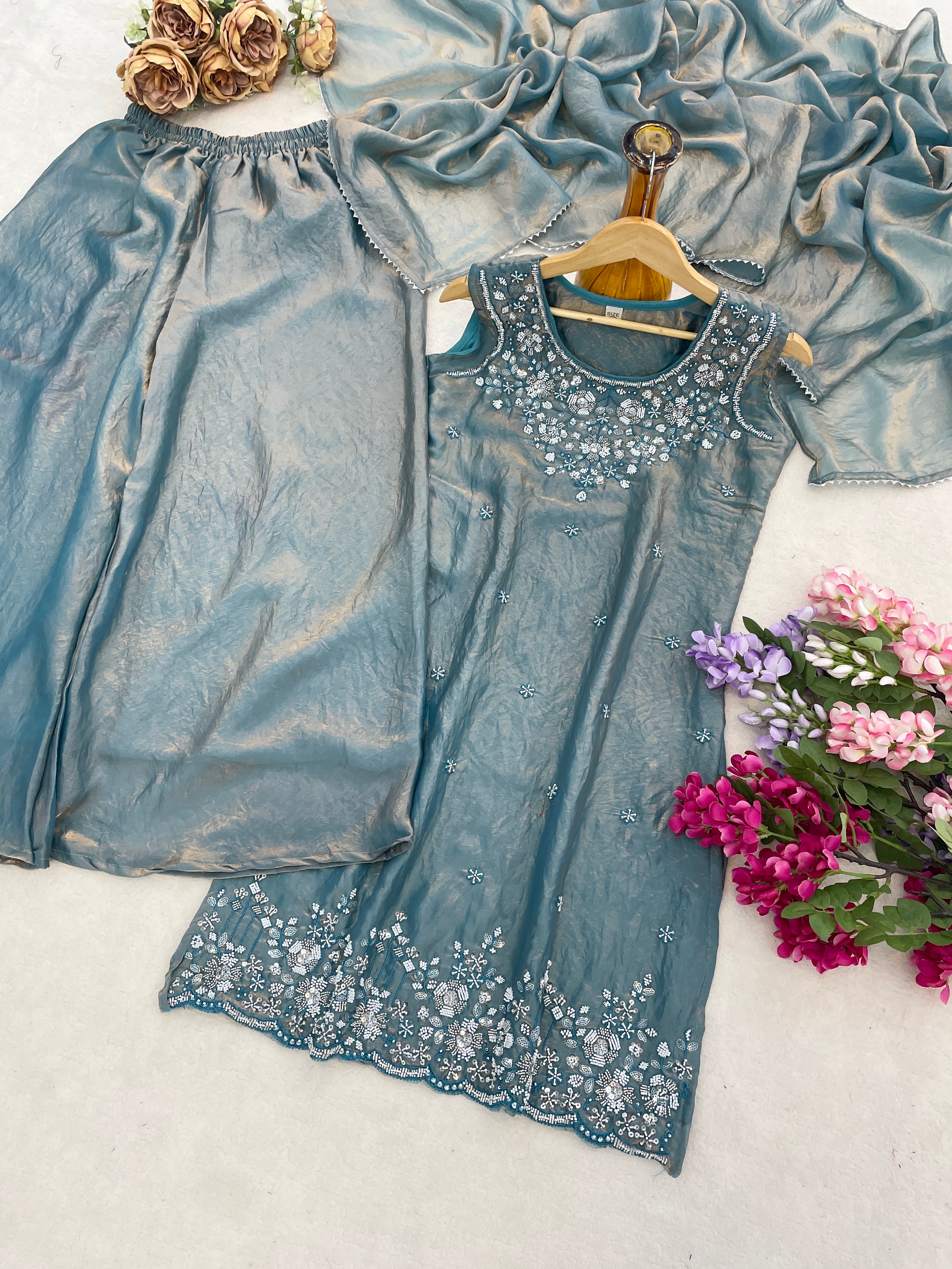 Designer Teal Blue Kurti Plazzo Set with Dupatta | Heavy Embroidered Party Wear Ethnic Set for Women