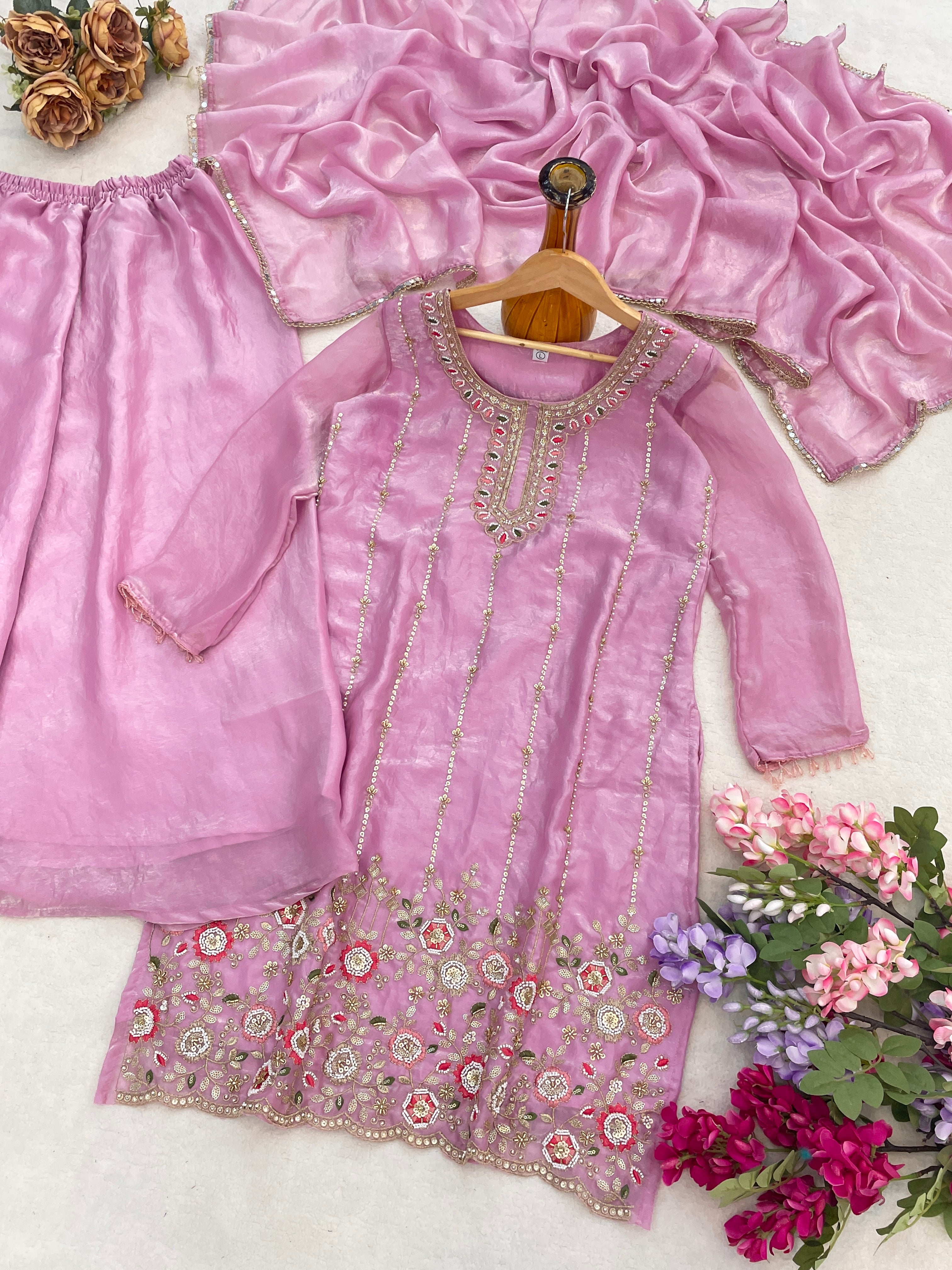 Elegant Pink Kurti Set with Plazzo & Dupatta | Heavy Embroidery Party Wear for Women