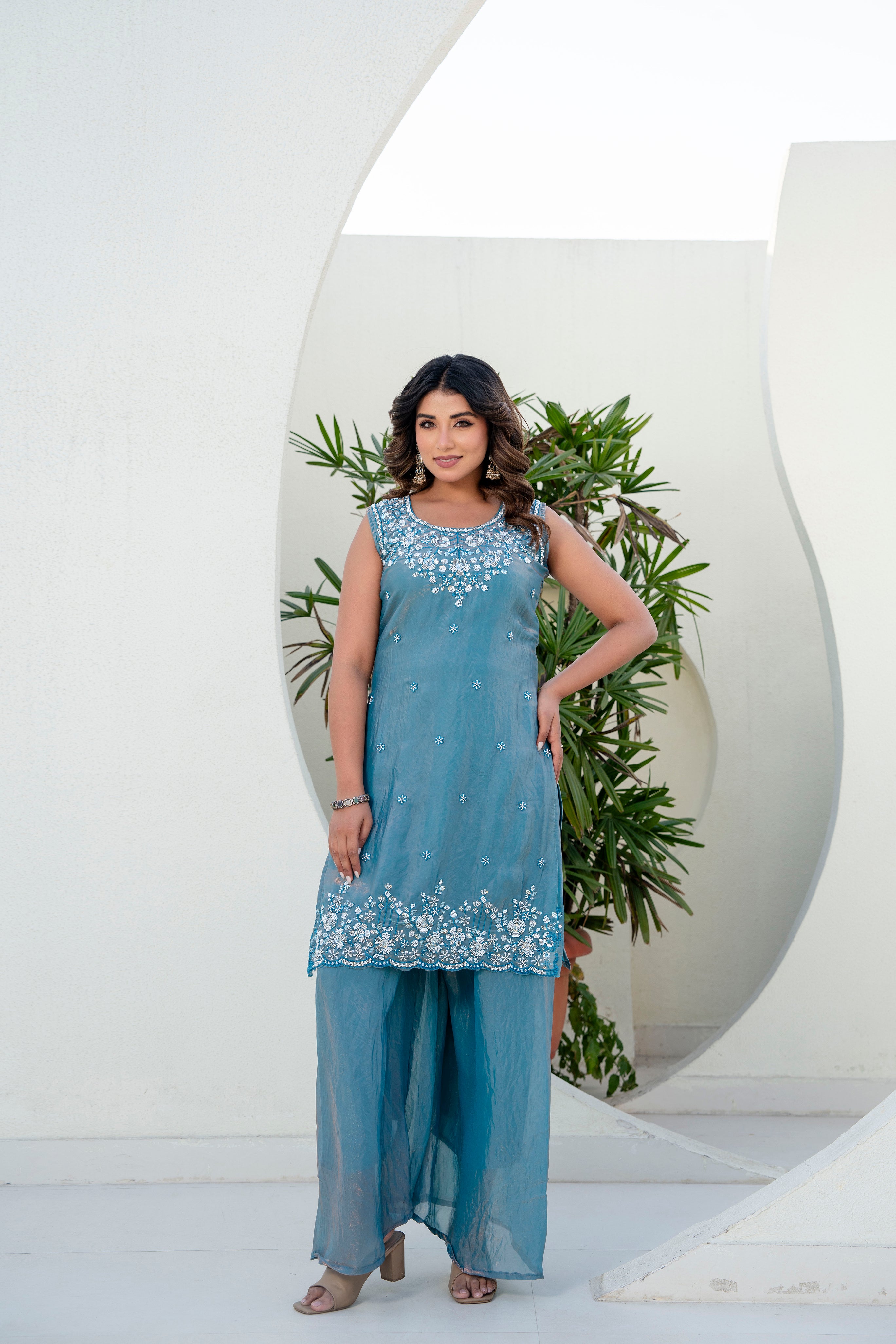 Designer Teal Blue Kurti Plazzo Set with Dupatta | Heavy Embroidered Party Wear Ethnic Set for Women