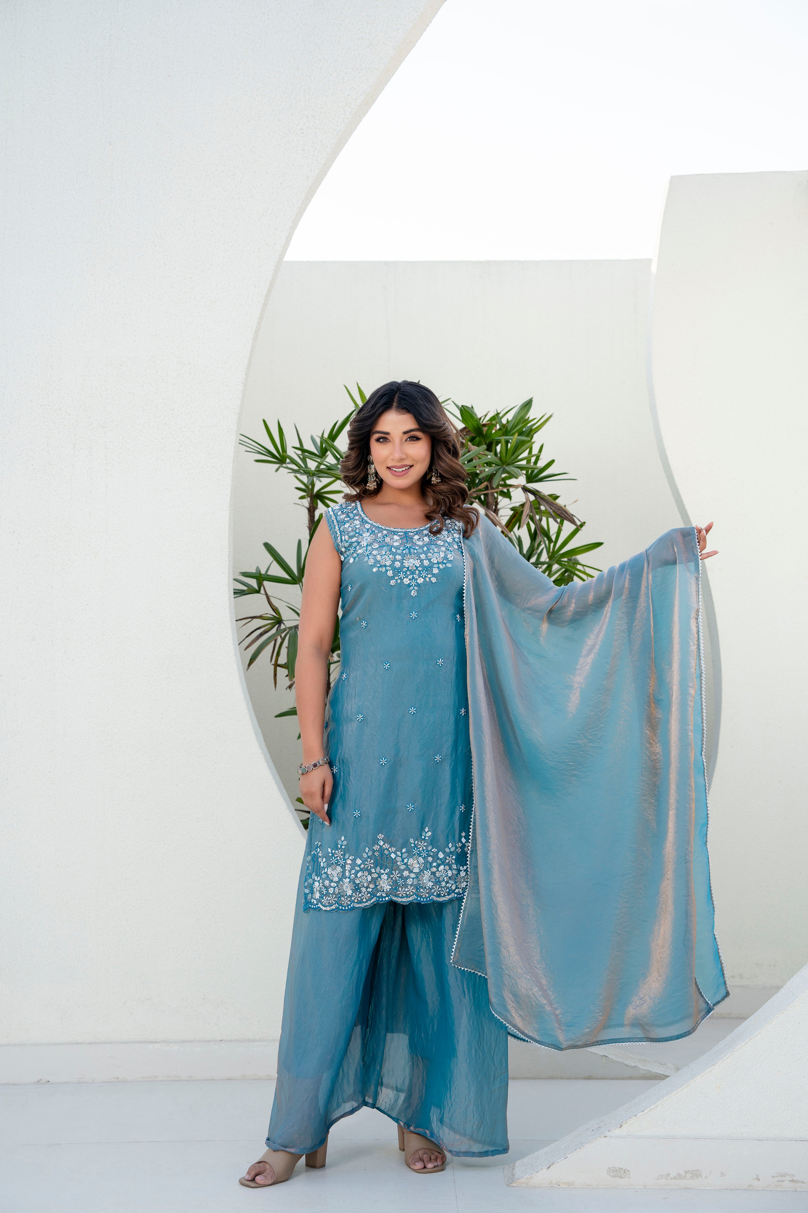 Designer Teal Blue Kurti Plazzo Set with Dupatta | Heavy Embroidered Party Wear Ethnic Set for Women