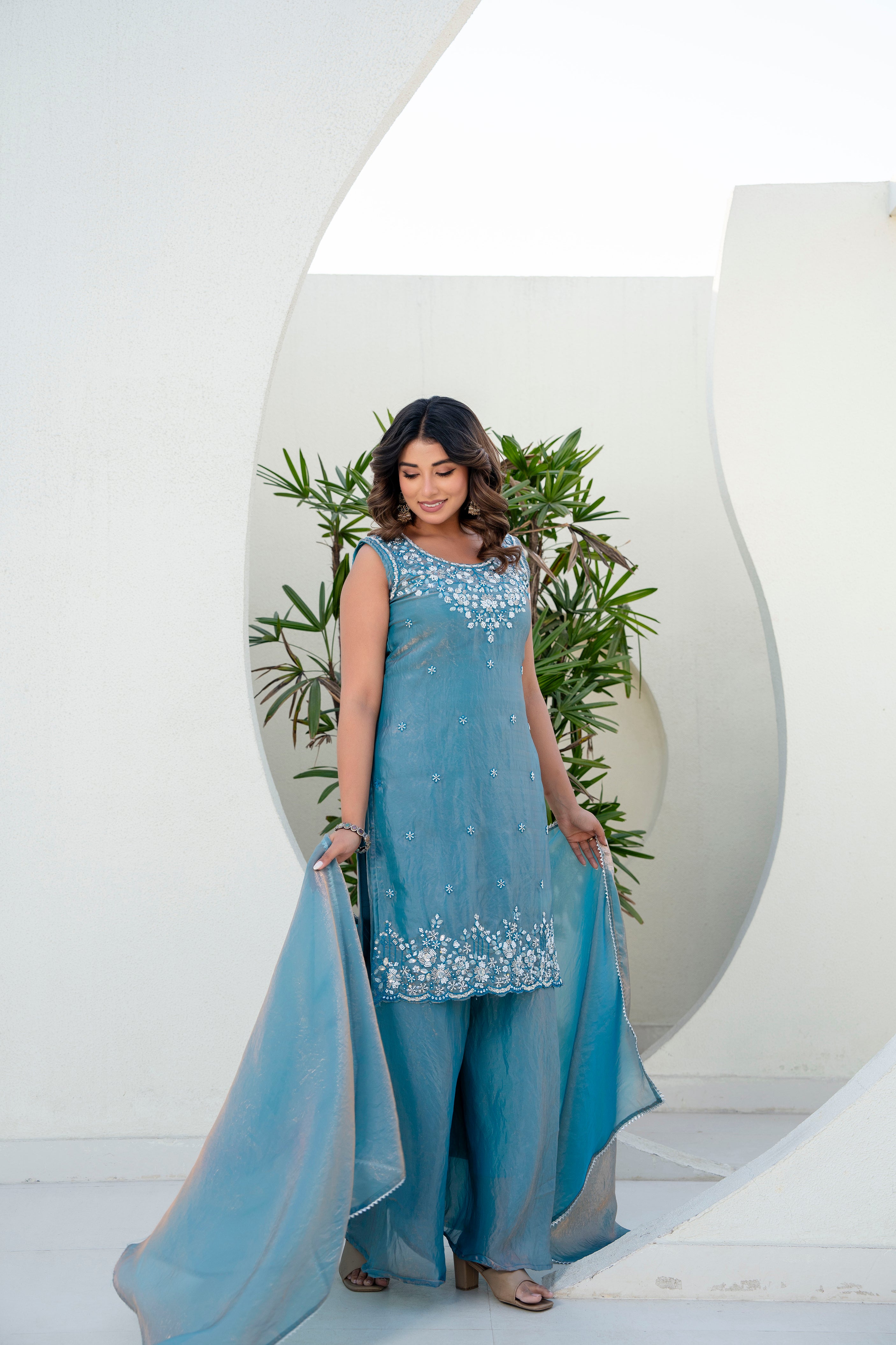 Designer Teal Blue Kurti Plazzo Set with Dupatta | Heavy Embroidered Party Wear Ethnic Set for Women