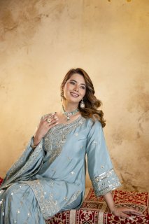 Premium Pastel Blue Kurta Set with Dupatta – Festive Collection