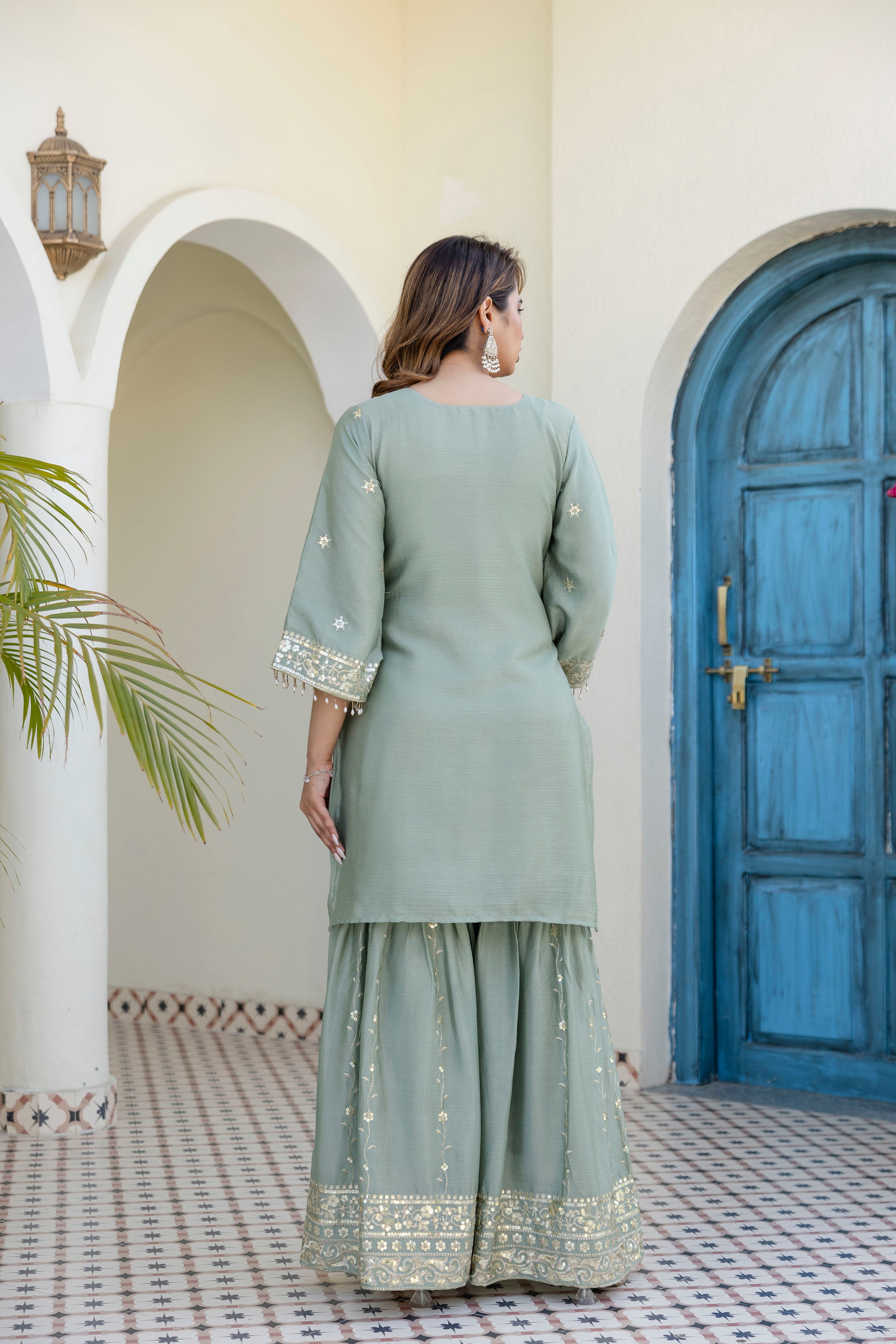Designer Green Ethnic Sharara Set with Heavy Embroidery Work